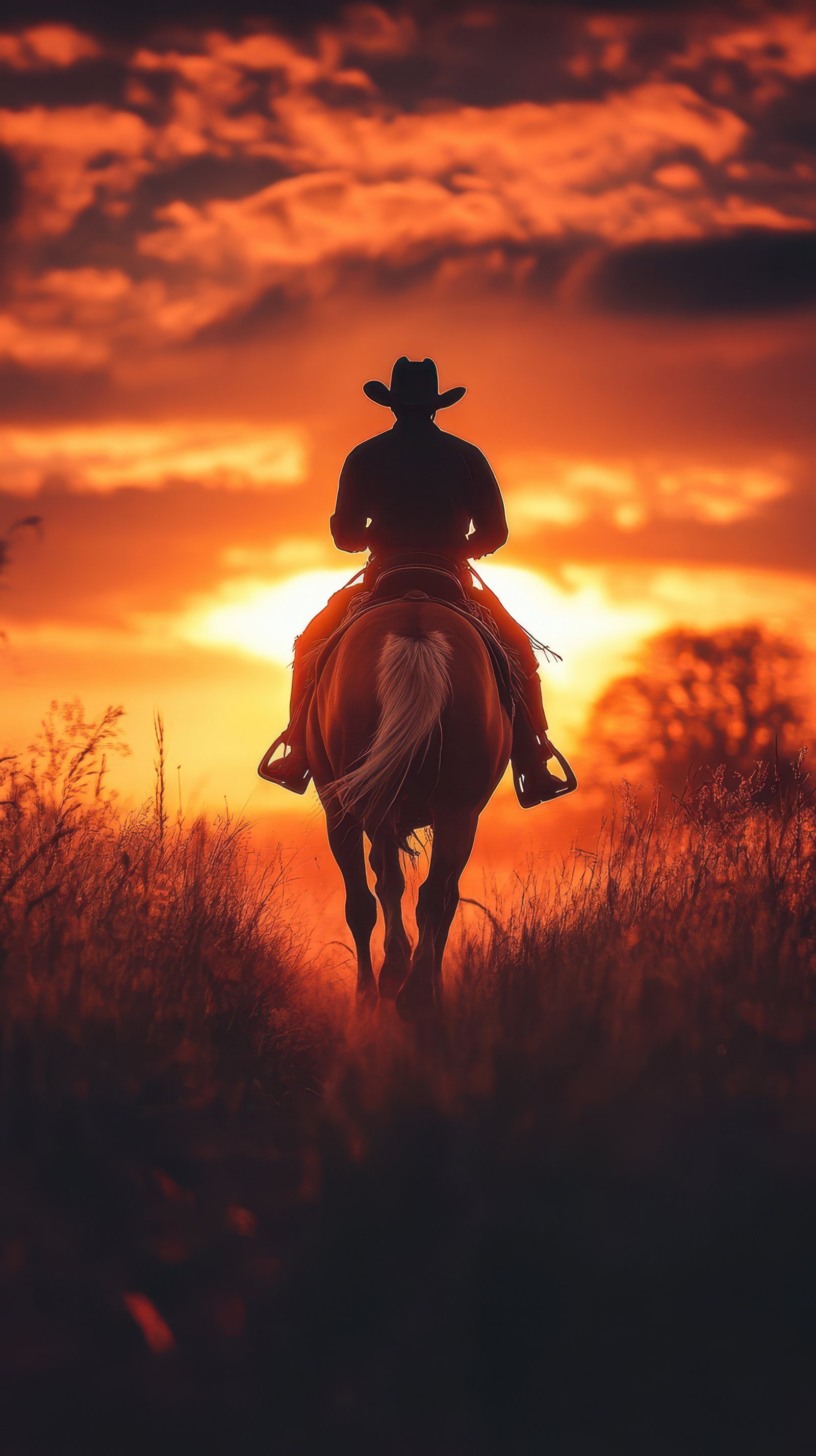 Cowboy riding horse against dramatic sunset in open field